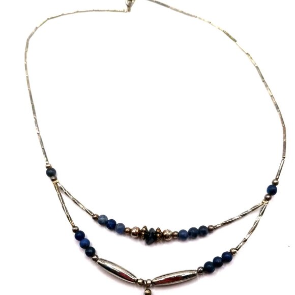 Vintage 17" Liquid Silver Double Layer Necklace Blue Stone - Picture 10 of 10